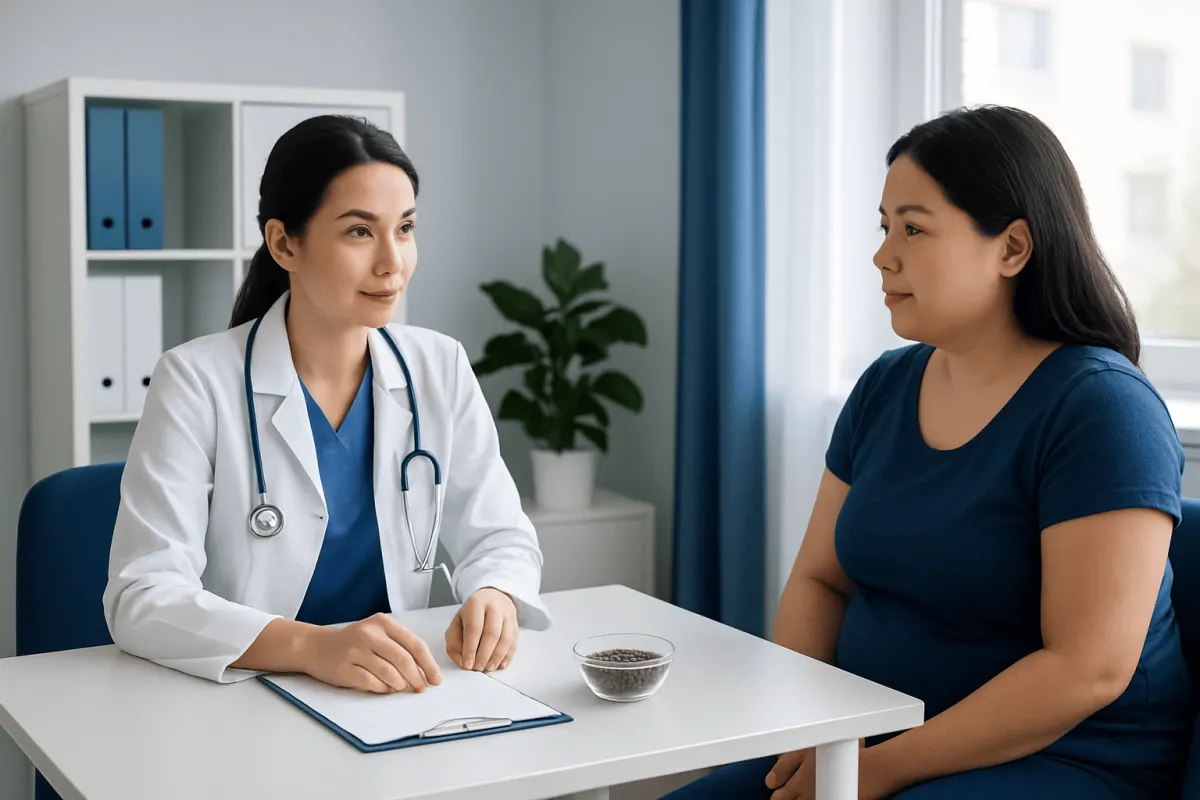 Doctor consulting with patient in a medical office setting.