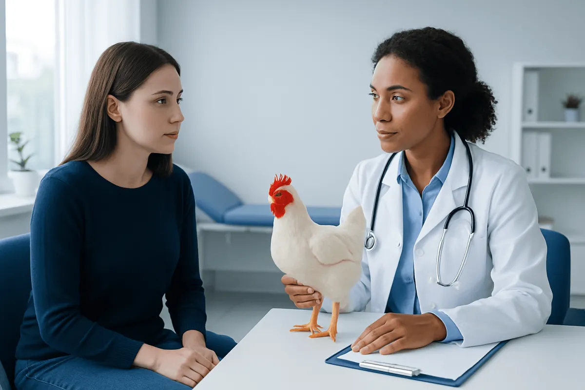 Doctor explaining chicken allergy to patient with chicken model in clinic.