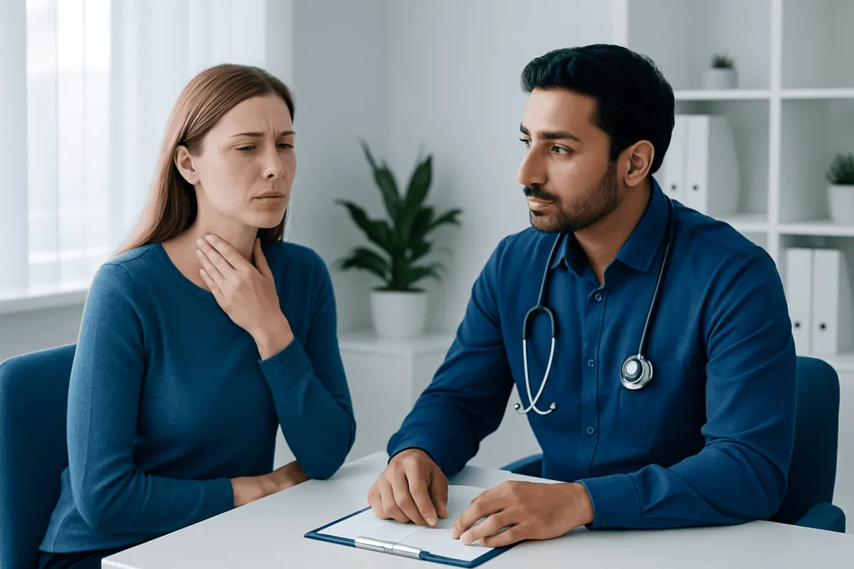 Doctor consulting with a woman about choking on saliva symptoms.