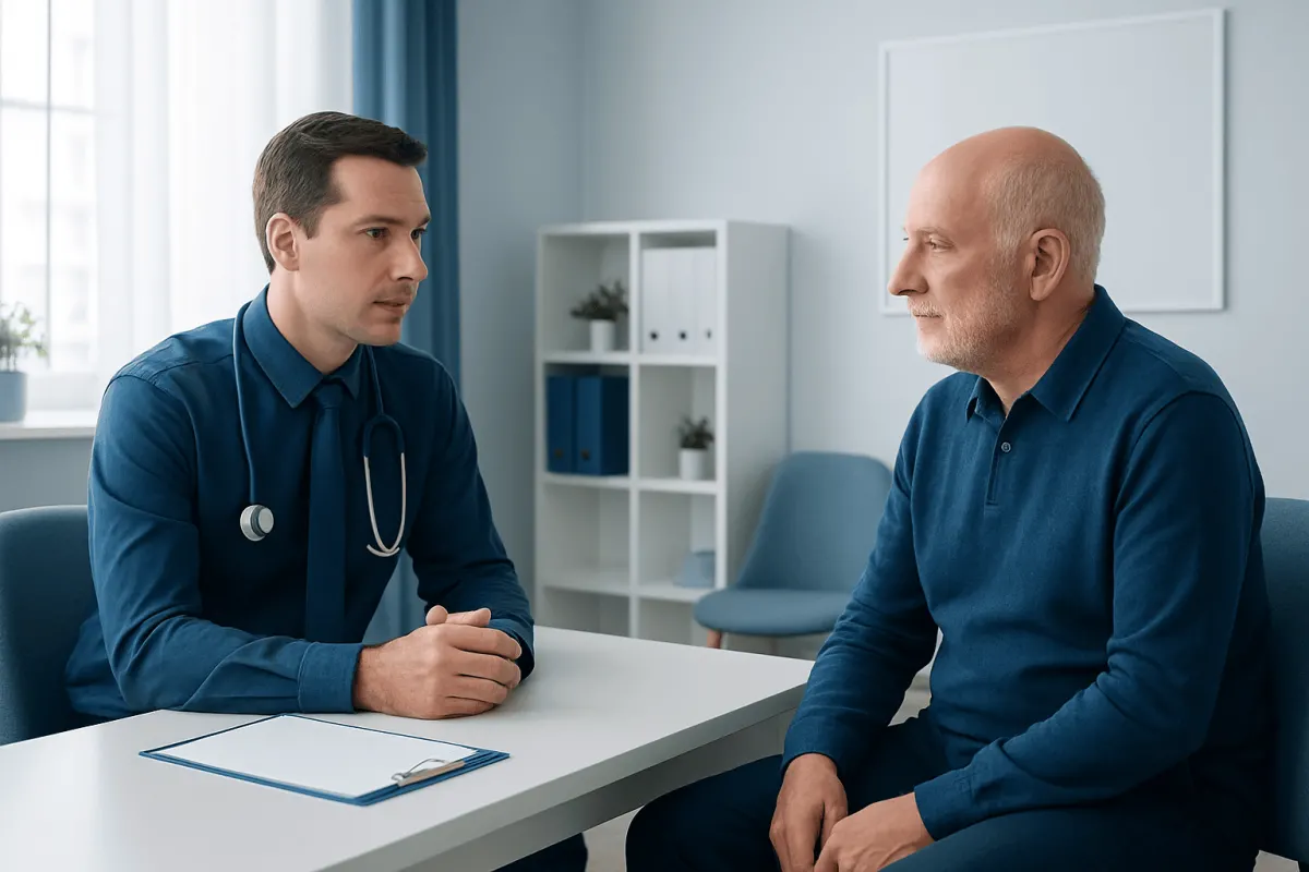 Doctor consulting with an elderly patient in a medical office.
