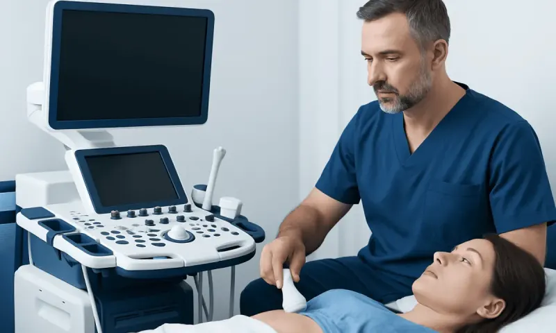 Doctor performing an ultrasound examination on a patient in a clinical setting.