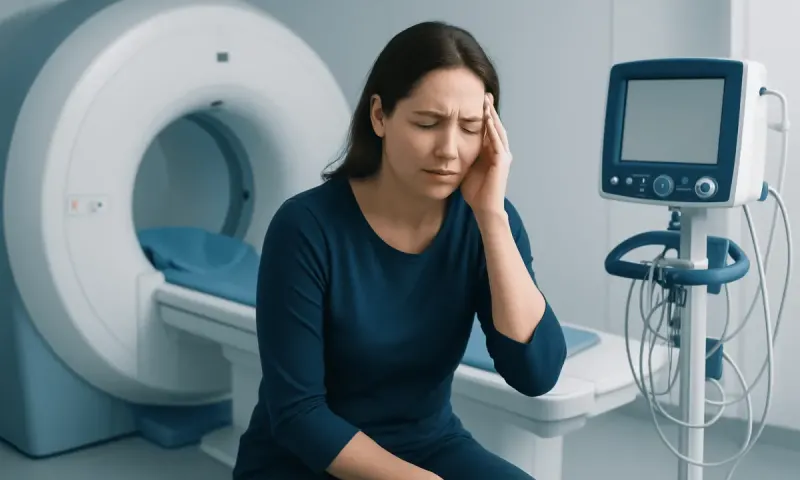 Woman experiencing headache in a medical imaging room at Acibadem Hospital.