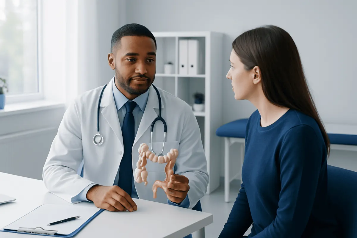 Doctor explaining colon anatomy to a patient in a medical consultation.