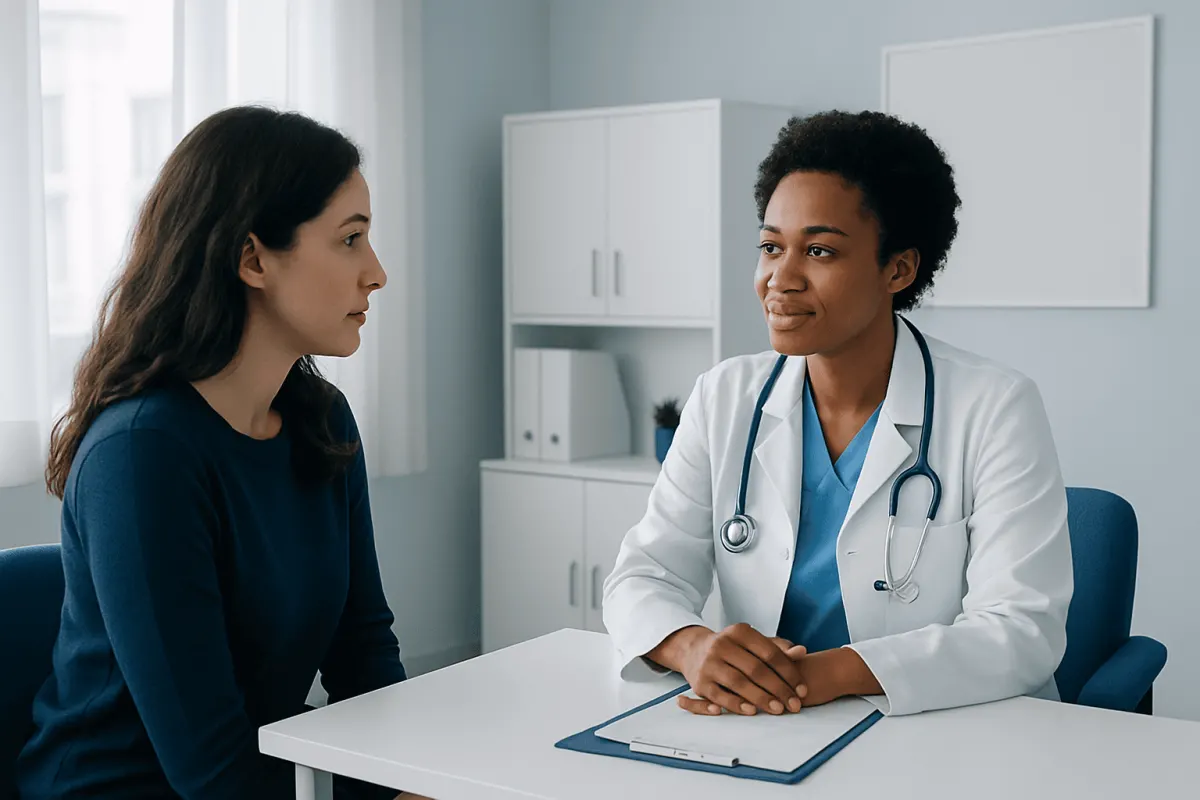 Doctor consulting with a patient in a modern medical office.