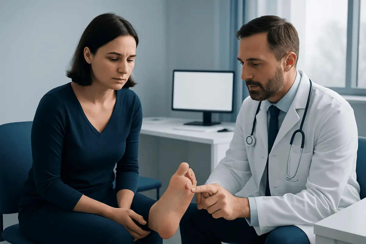 Doctor examining a patient's foot in a clinical setting.
