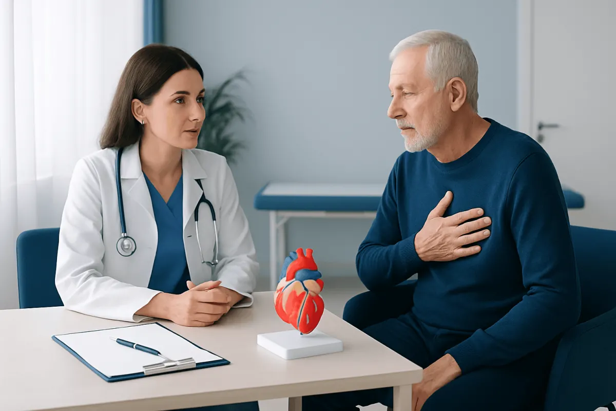 Doctor consulting with a patient about heart health and coronary thrombosis.
