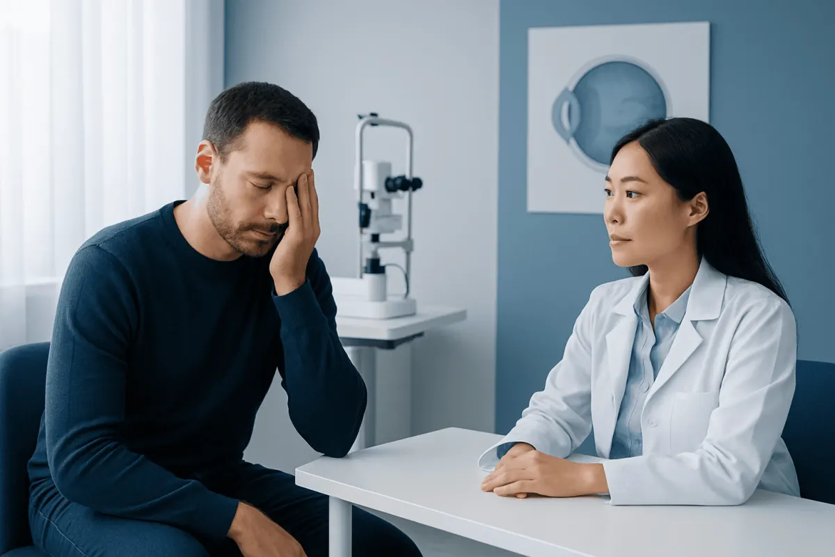 Patient experiencing eye discomfort during consultation at Acibadem Hospital.