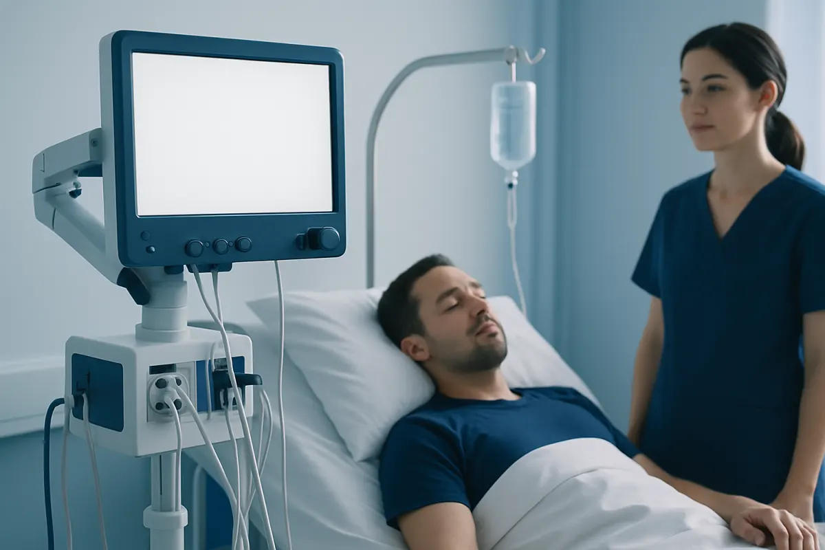 Patient undergoing medical monitoring in hospital bed with nurse present.