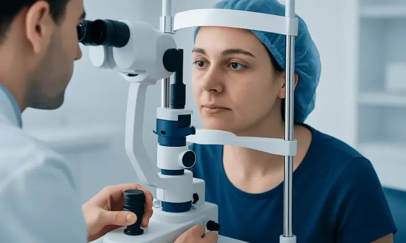 Ophthalmologist examining a patient's eyes with a slit lamp in a clinical setting.