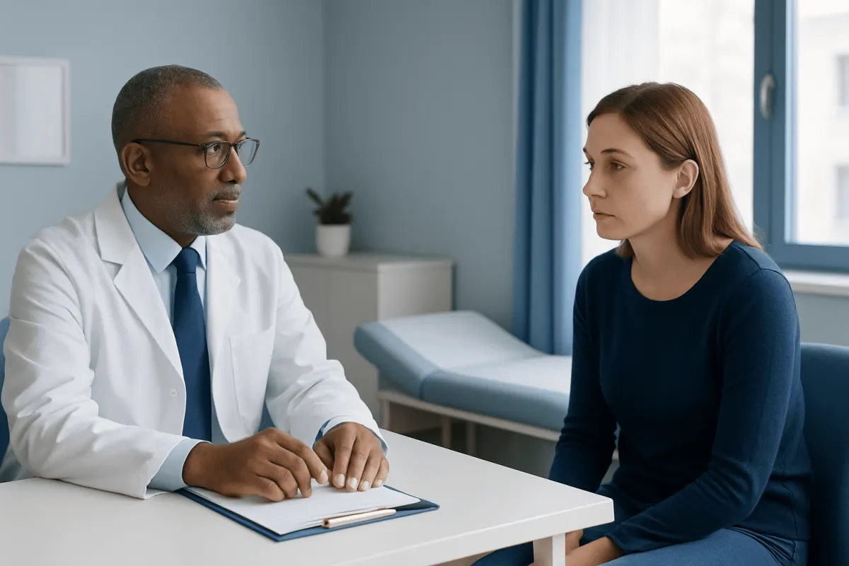 Doctor consulting with a young woman in a medical office.