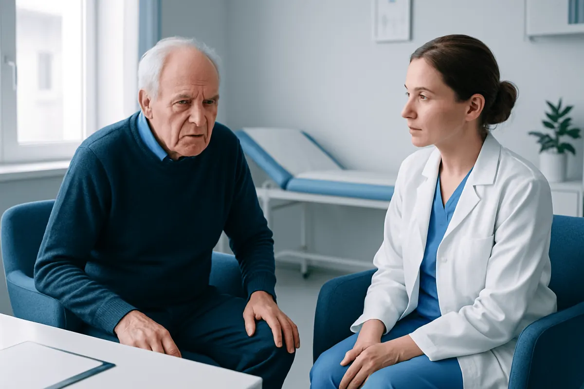 Elderly man consulting with a healthcare professional in a medical office.
