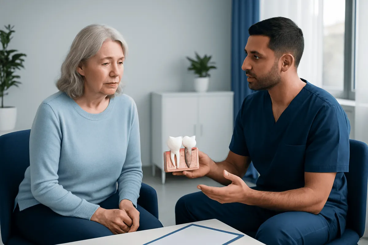 Dentist explaining dental implant issues to an elderly woman.