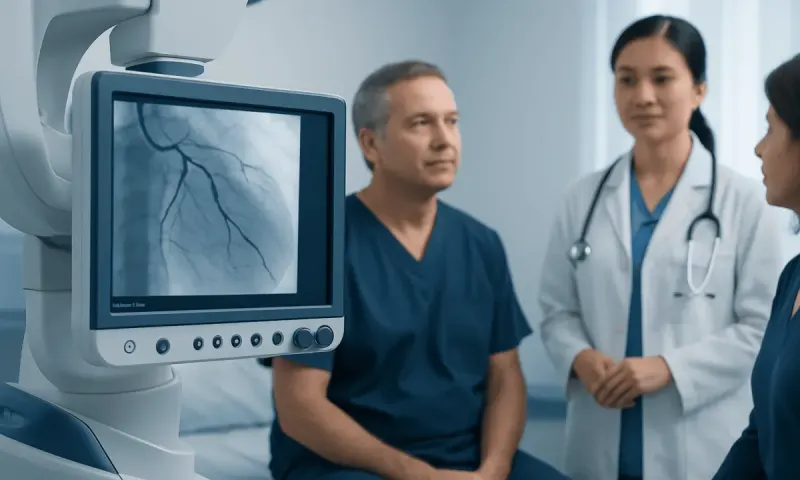 Doctor and nurse discussing patient with medical imaging equipment in hospital.