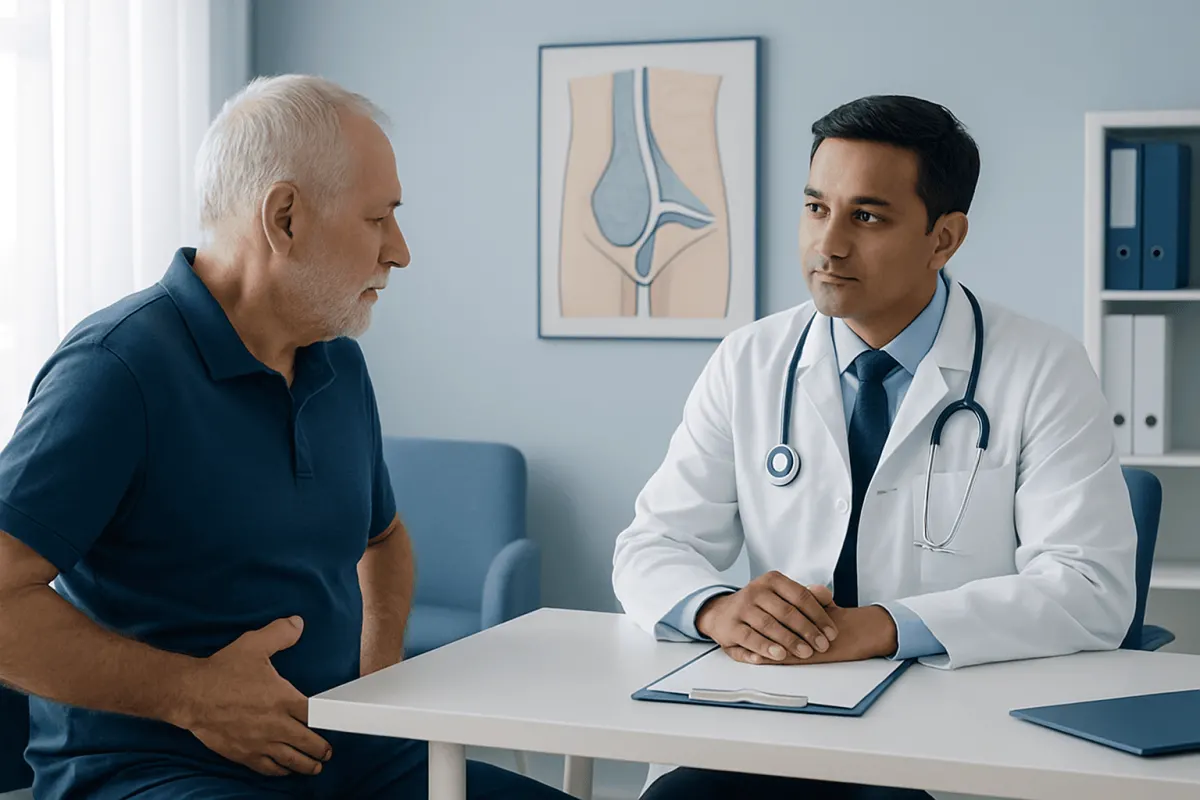 Doctor consulting with a patient about inguinal hernia treatment options.