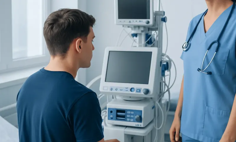 Patient in a hospital room with medical monitors and healthcare professional.
