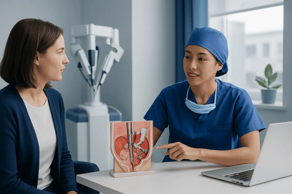Doctor explaining prostate surgery to patient with anatomical model.