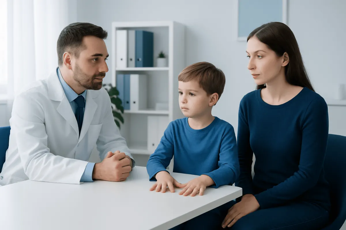 Doctor consulting with mother and child in a medical office.
