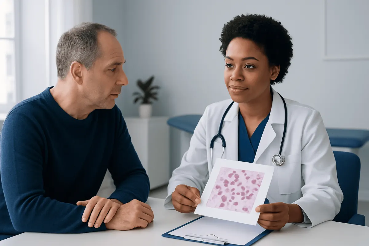 Doctor explaining blood smear results to patient in a clinical setting.
