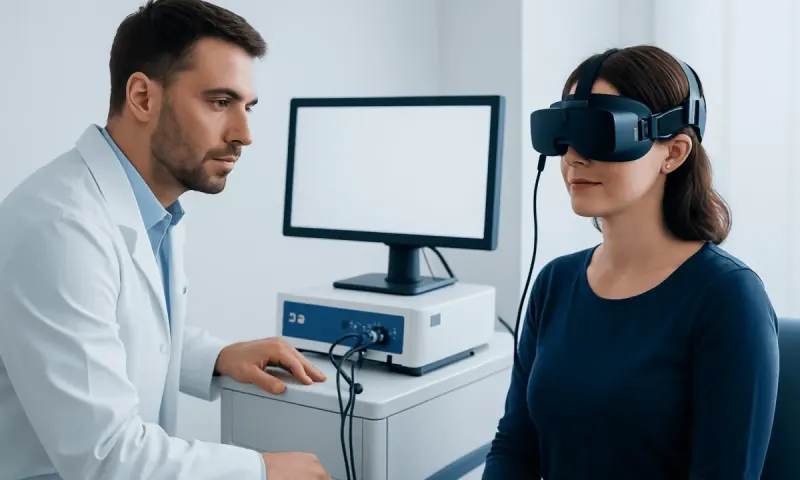 Doctor and patient using virtual reality medical device in clinic.