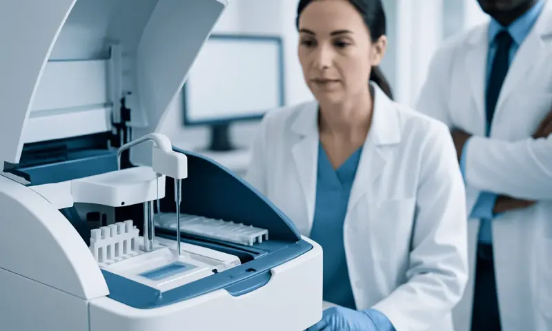 Laboratory technician operating a serum protein electrophoresis machine.