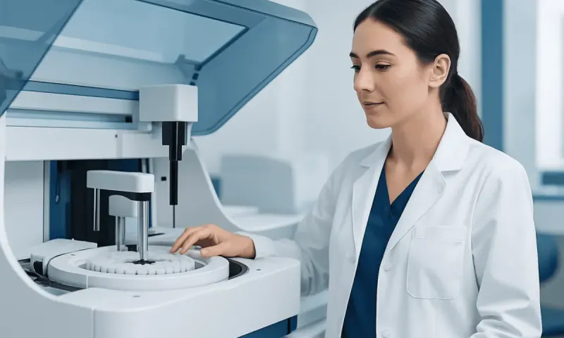 Laboratory technician operating enzyme immunoassay analyzer at hospital.