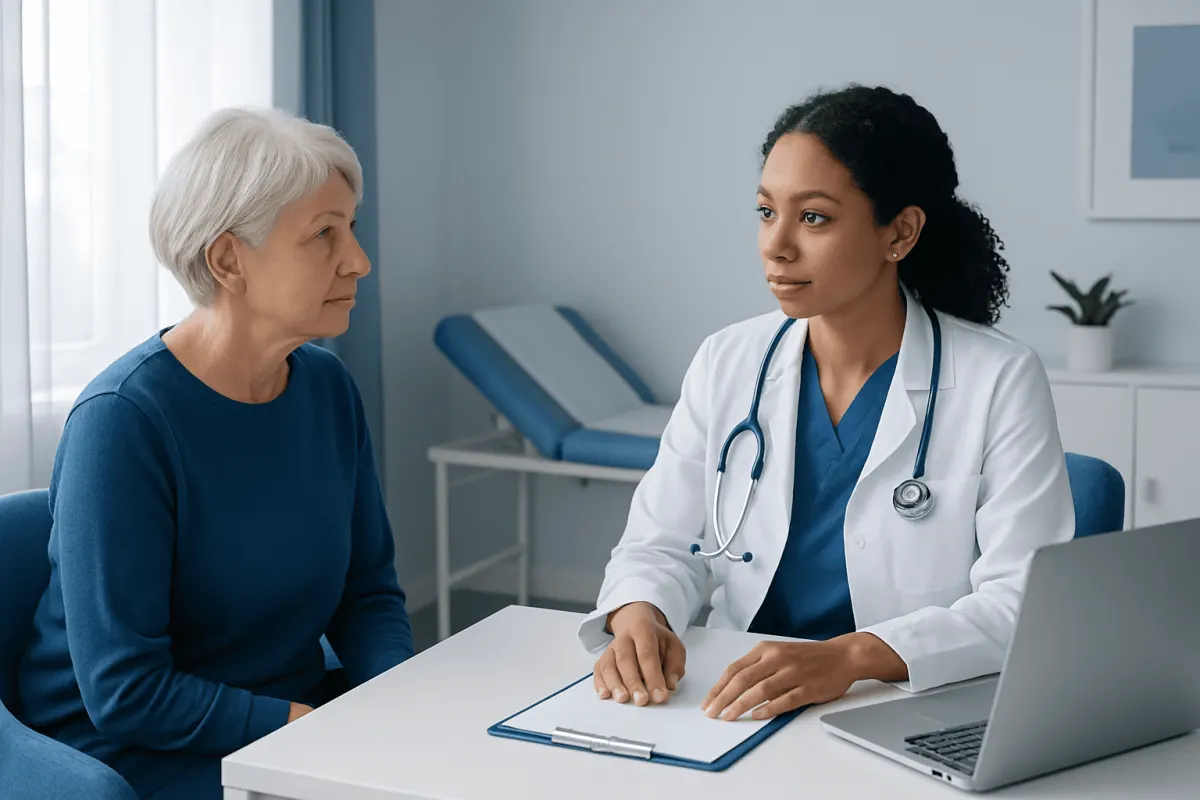 Doctor consulting with an elderly female patient in a medical office.