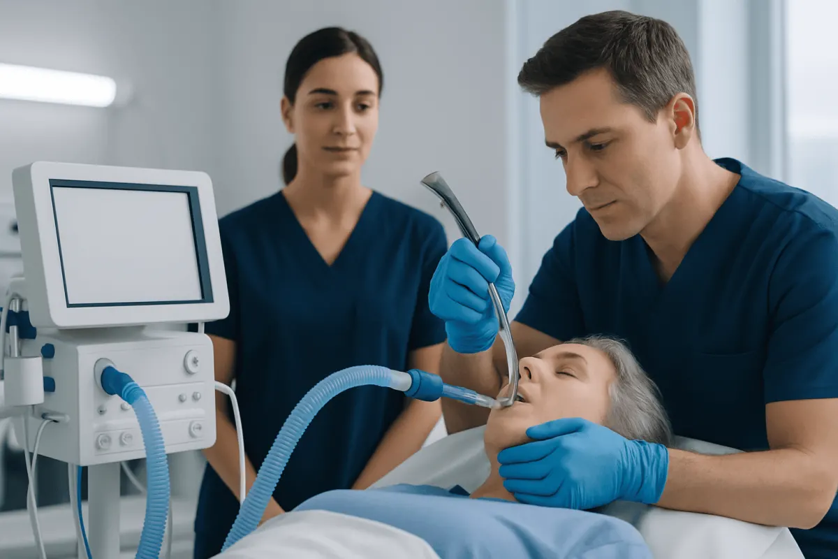 Medical professionals perform intubation on a patient in a hospital setting.