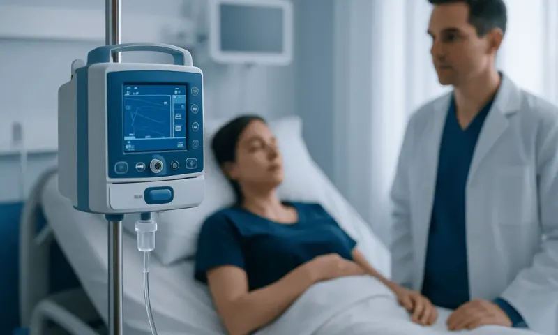 Medical professional monitoring patient with infusion pump in hospital.