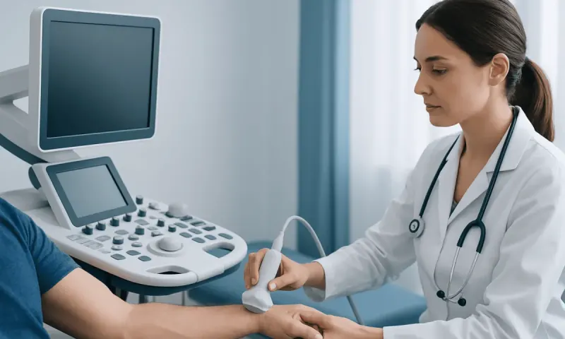 Doctor performing Yergason's test on patient in a medical clinic.