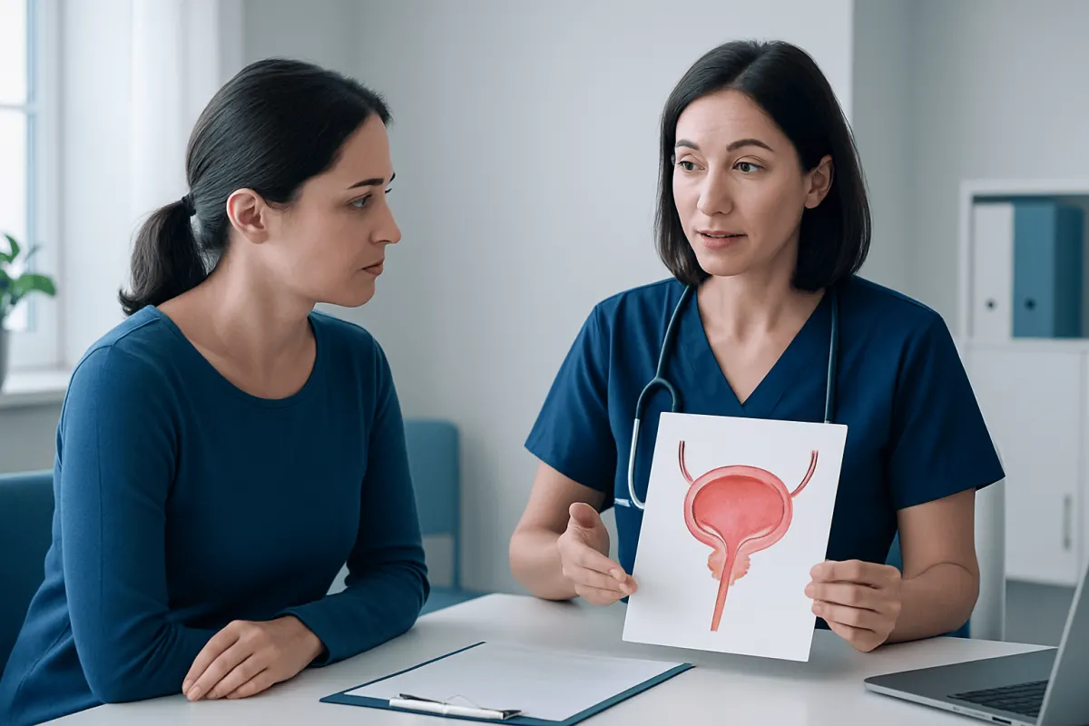 Urologist explaining bladder anatomy to patient in consultation.