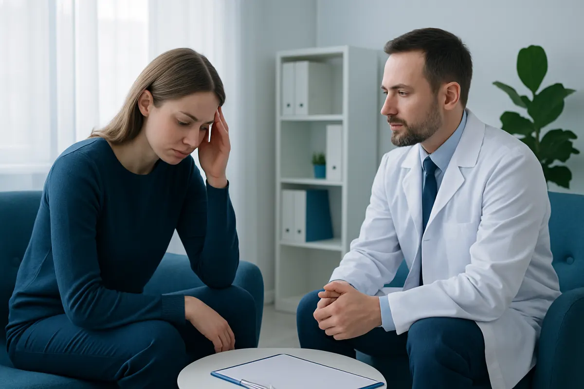 Woman distressed during therapy session with doctor in a clinical setting.