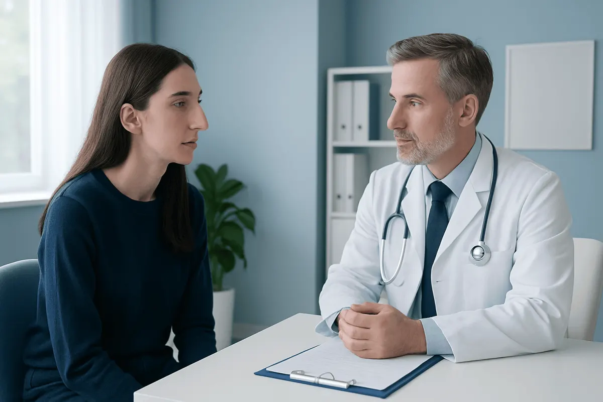 Doctor consulting with a patient about facial features and syndrome symptoms.