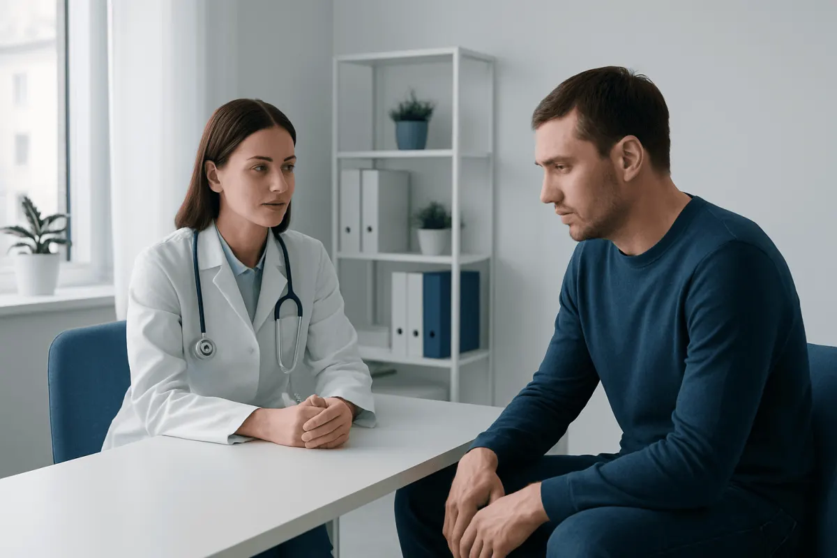 Doctor consulting with a patient in a modern medical office.