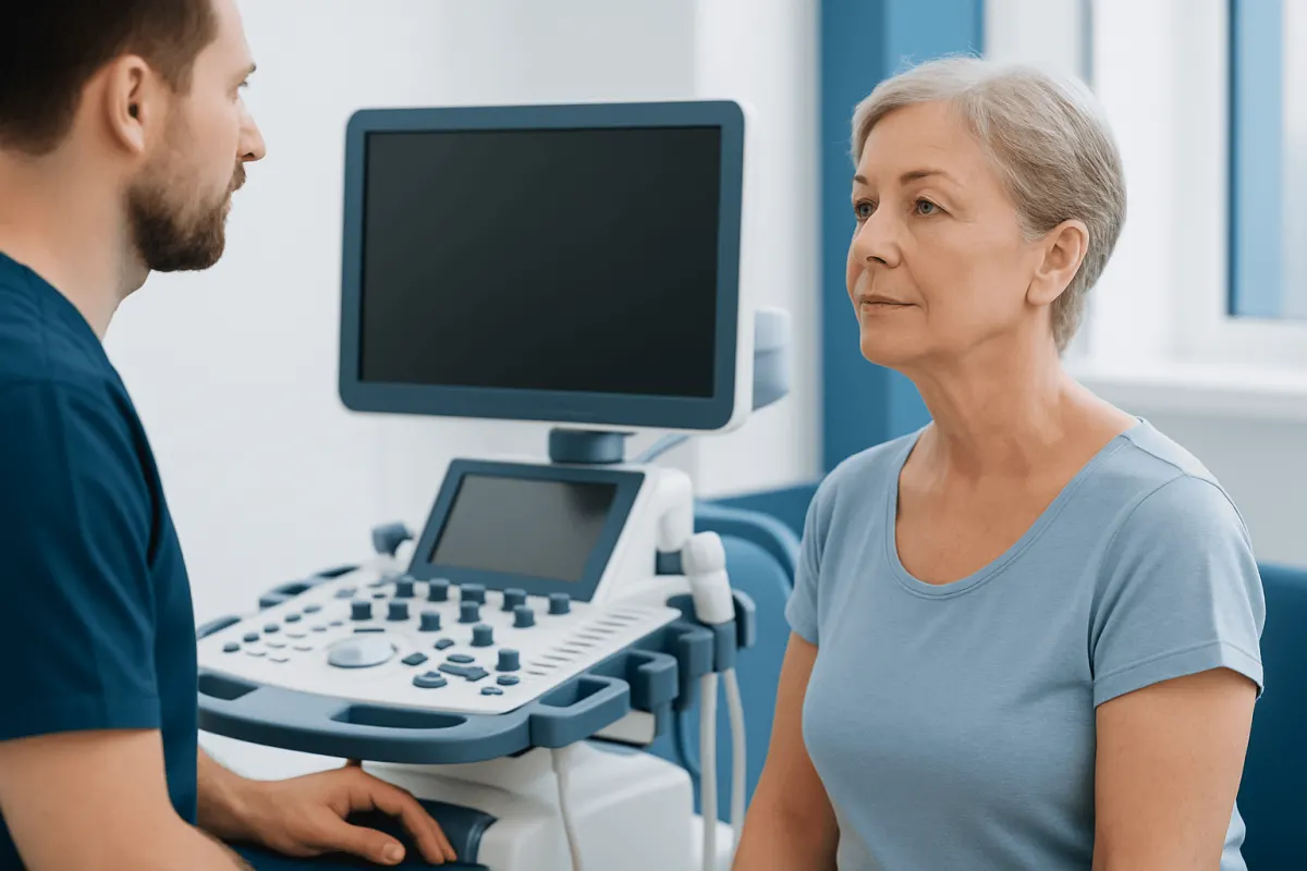 Doctor consulting with an older woman in a medical examination room.