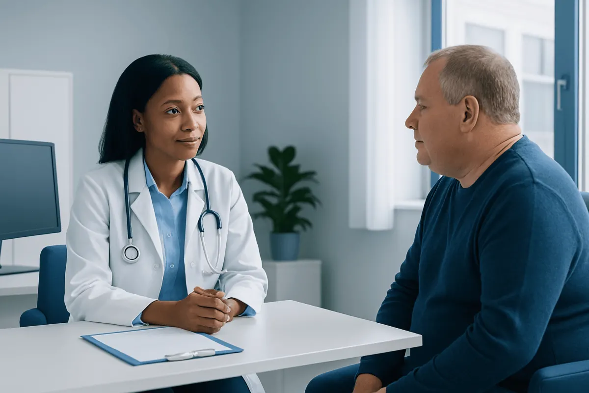 Doctor consulting with a patient in a modern medical office.