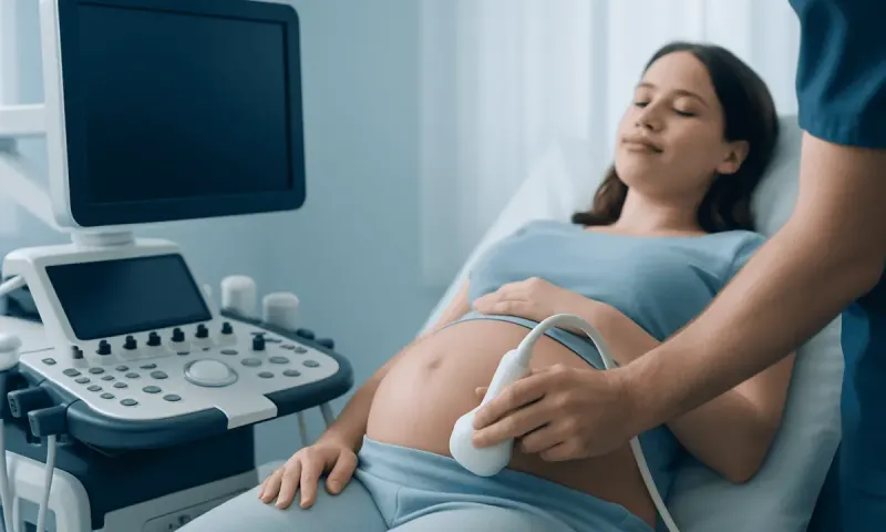 Pregnant woman undergoing ultrasound scan at hospital.