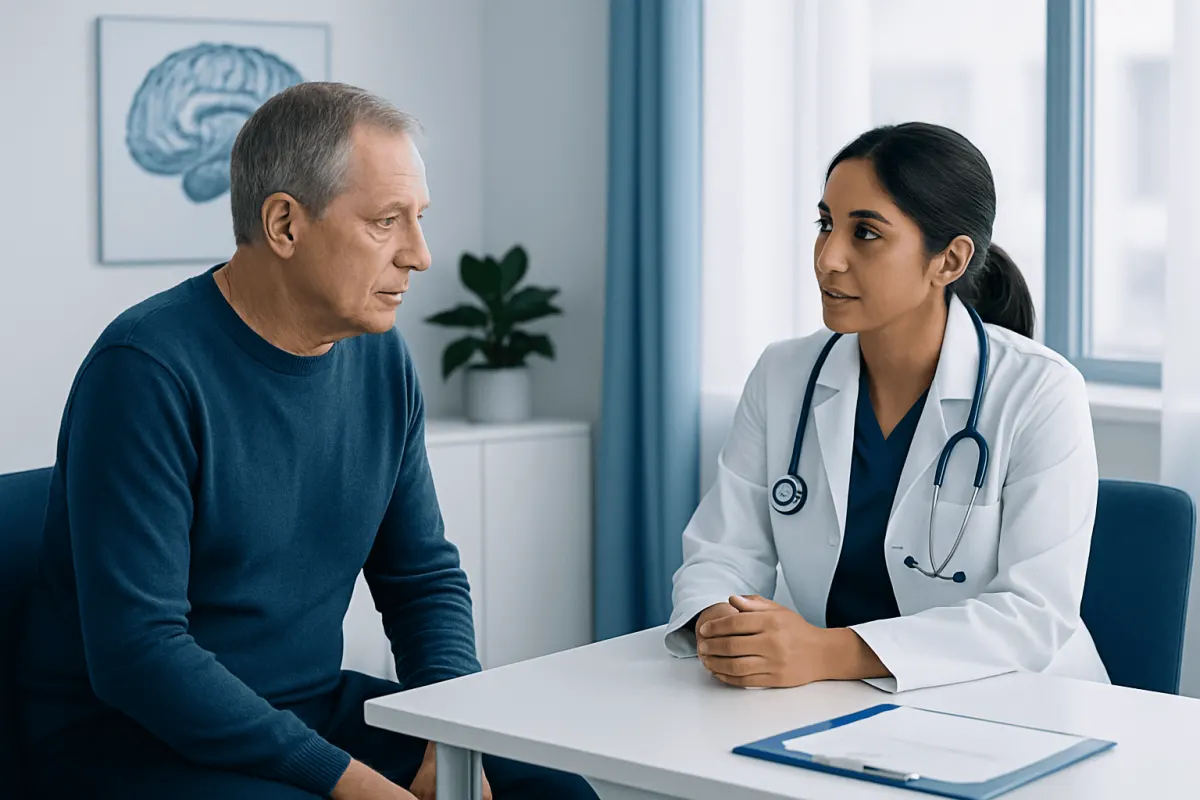 Doctor consulting with an elderly male patient in a medical office.