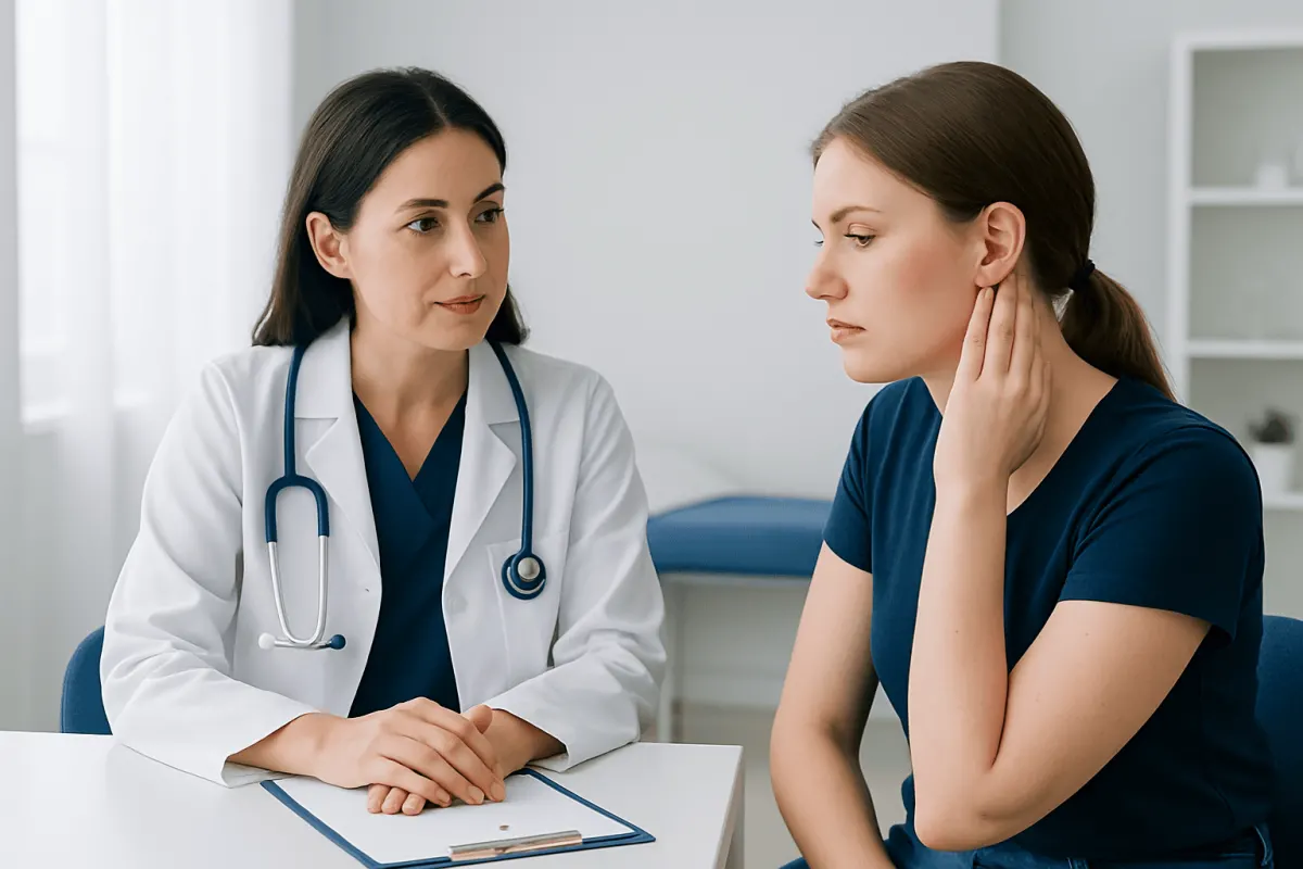 Doctor consulting patient about ear piercing allergy symptoms.