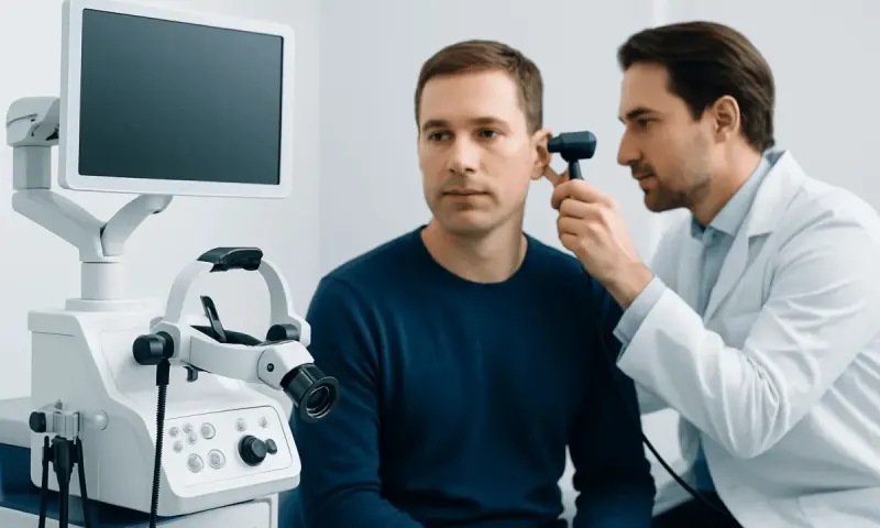Doctor examines patient's ear with otoscope in medical clinic.