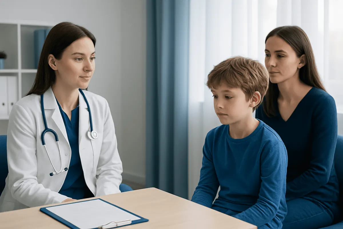 Doctor consulting with a young boy and his mother in a medical office.