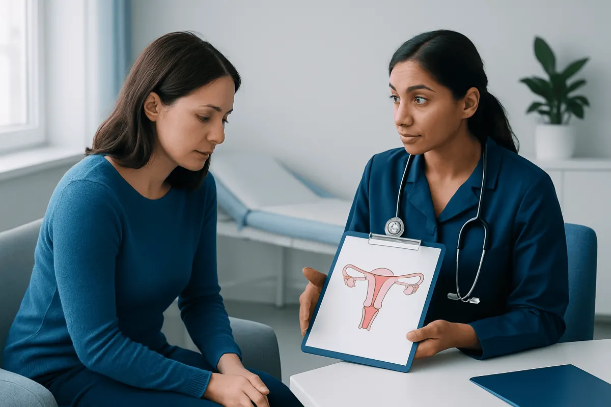 Doctor explaining uterine health to patient with ultrasound image.