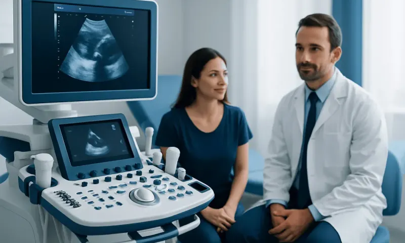 Doctor and patient discussing ultrasound results in a medical clinic.