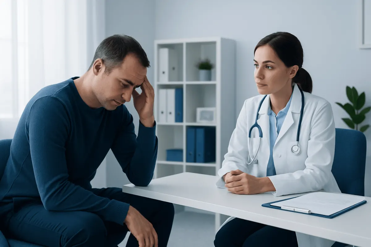 Man consulting with doctor about low energy and health concerns.