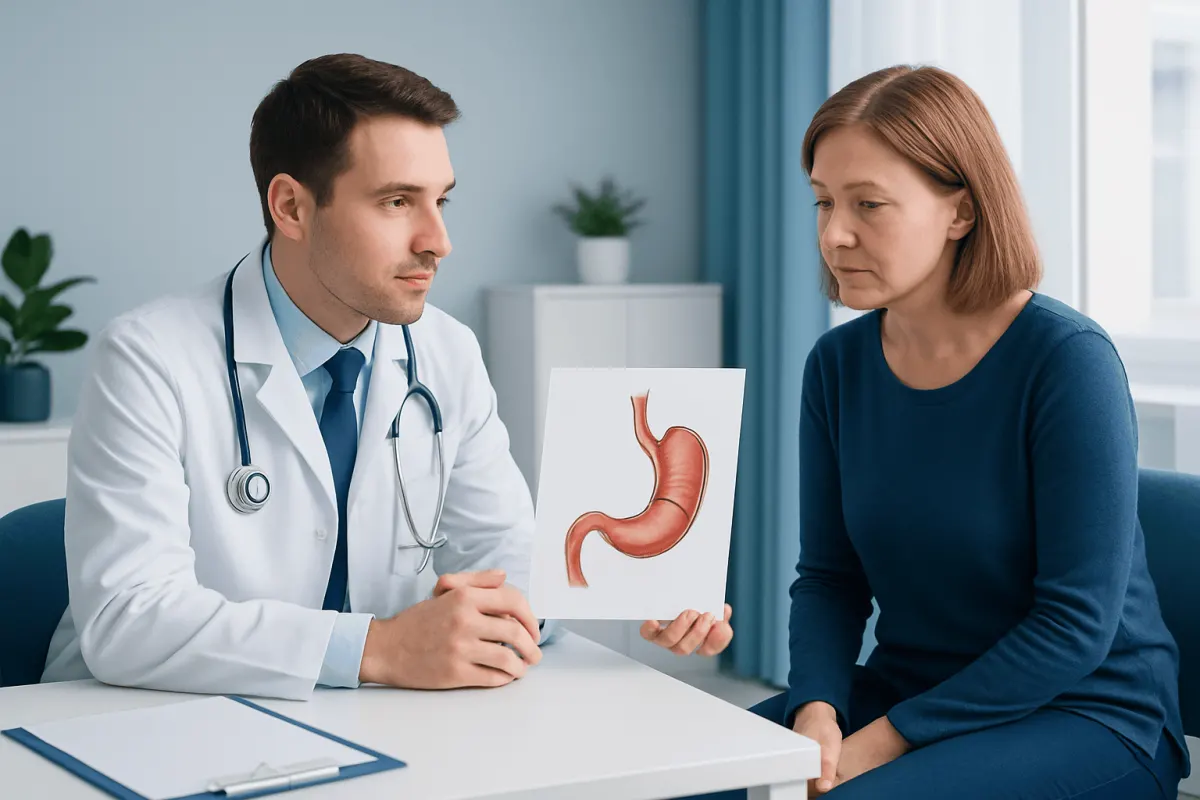 Doctor explaining esophageal health to a patient with stomach diagram.