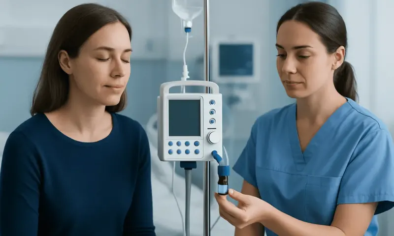 Patient receiving IV therapy in a hospital setting with medical staff present.