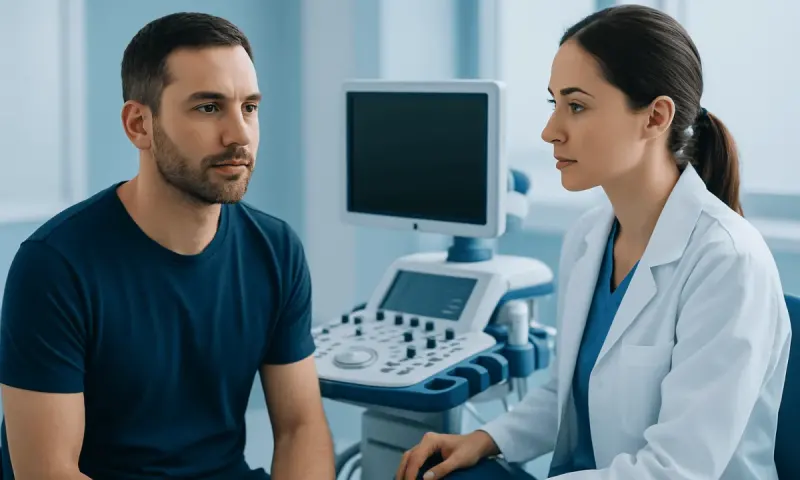 Doctor consulting male patient in a medical examination room.