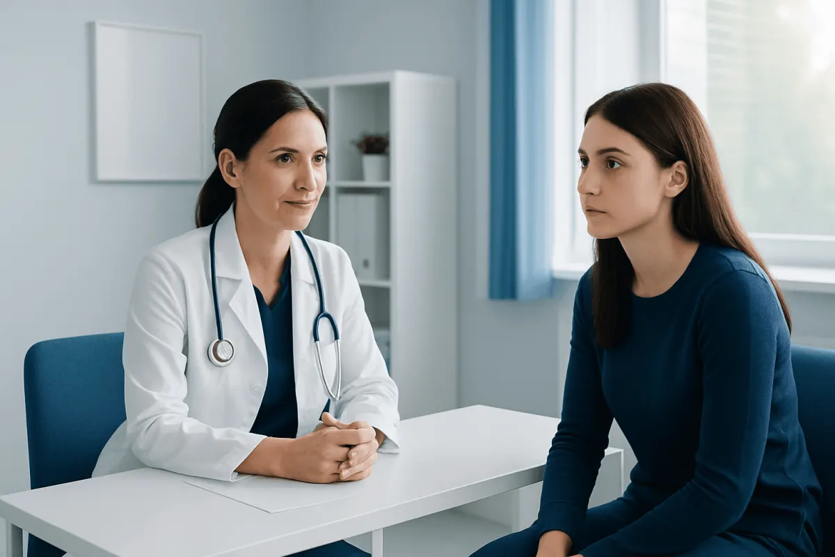 Ophthalmologist consulting with a young female patient in a clinic.