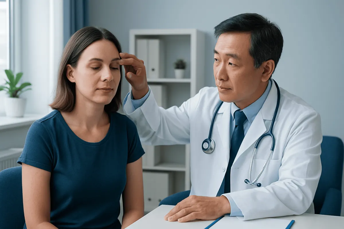Doctor examining a woman's eye in a medical consultation room.