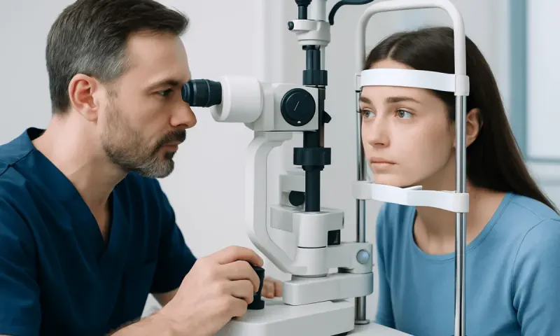 Ophthalmologist examining a young woman's eyes with a slit lamp.