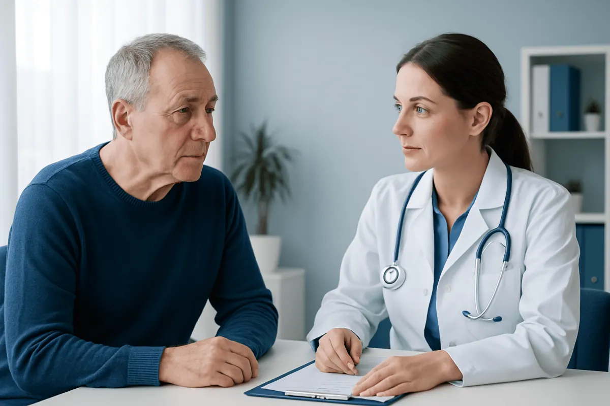 Doctor consulting with an elderly male patient in a medical office.